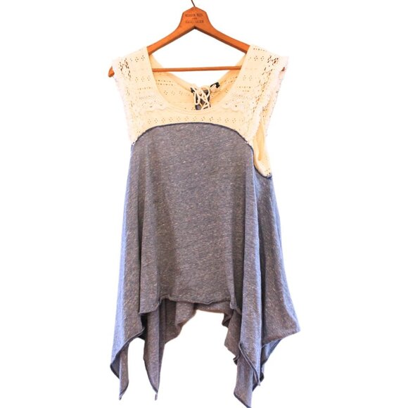 Free People Crochet Lace Shark Bite Tee Flowy Tunic Western Boho Tank Top - Picture 4 of 10